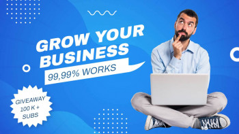 Man with laptop and text overlay promoting business growth