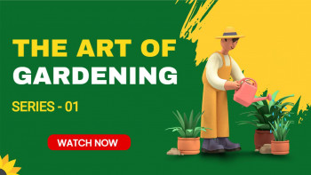 Illustration of a gardener watering plants with text 'The Art of Gardening' and 'Series - 01'