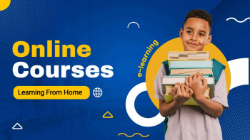 A young boy carrying a stack of books with the text 'Online Courses' and 'Learning From Home'.