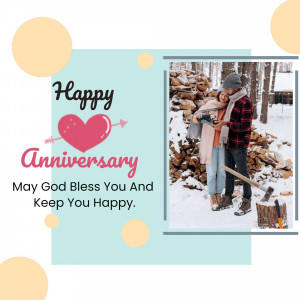 Couple celebrating their anniversary in a winter setting with a heartfelt message.