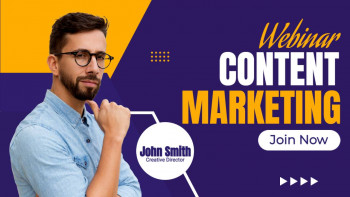 Image of a man with glasses promoting a content marketing webinar.