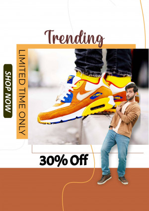 Man wearing stylish yellow and orange sneakers with a 30% off promotion.