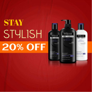 TRESemmé shampoo and conditioner bottles with a 20% off promotion.