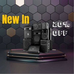 Stack of black speakers with a 'New In 20%' off promotion on a hexagonal patterned background.