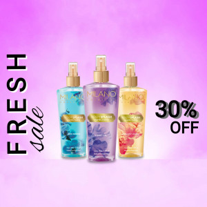 Three bottles of Milano body spray on a pink and purple gradient background with a sale promotion.