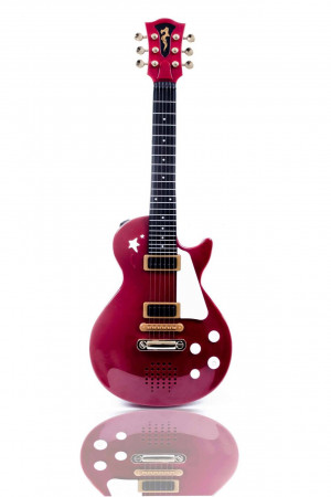 A vibrant red electric guitar with gold hardware and a reflective surface.