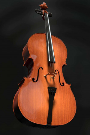 A detailed image of a wooden cello against a dark background.