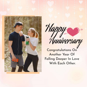 A couple walking and holding hands with a Happy Anniversary message overlay.