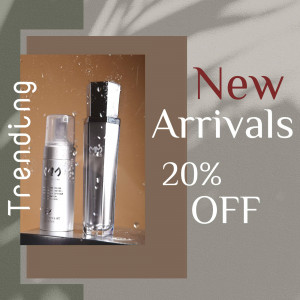 Skincare products with water droplets and promotional text