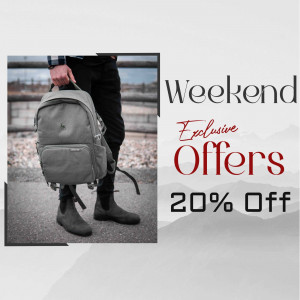 Man with backpack and promotional text for weekend offers.