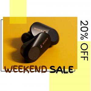 Close-up of Sony wireless earbuds with a weekend sale promotion.