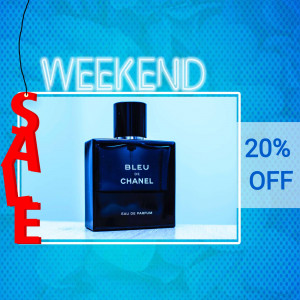 Chanel Bleu de Chanel perfume bottle with a sale promotion.