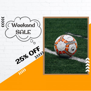 Soccer ball on a green field with a weekend sale promotion.