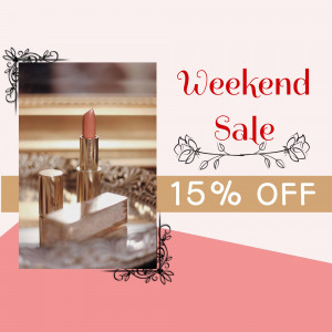 Close-up of a lipstick with a sale announcement