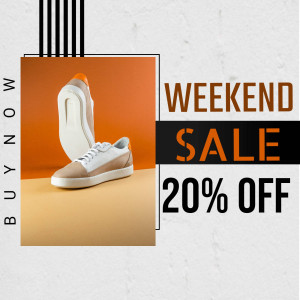 Image of a pair of shoes with a weekend sale promotion.