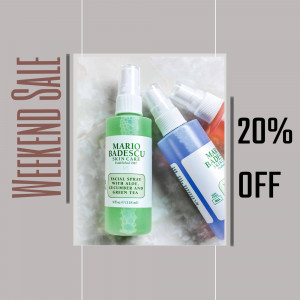 Mario Badescu facial sprays on sale with a marble background.