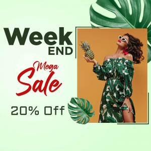 Woman in floral dress holding a pineapple promoting a weekend sale