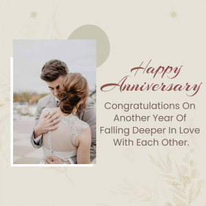 Couple embracing with 'Happy Anniversary' text overlay