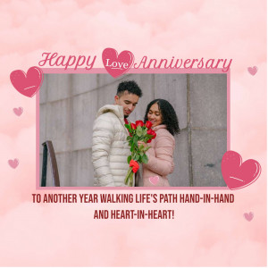A couple celebrating their anniversary with a heart-themed graphic.