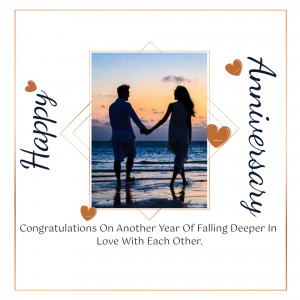 Silhouette of a couple holding hands on a beach with anniversary text and hearts.