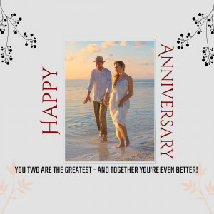Couple walking hand-in-hand on a beach with 'Happy Anniversary' text overlay