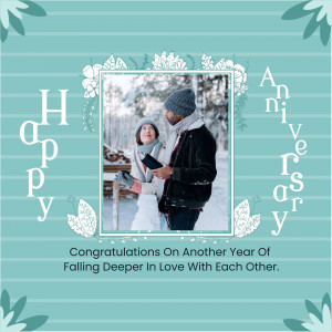 Anniversary card with a couple in a snowy landscape and floral decorations.
