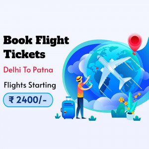 Illustration of a man booking flight tickets from Delhi to Patna with a plane flying around a globe.