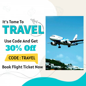 Airplane taking off with a travel promotion offering 30% off with code TRAVEL