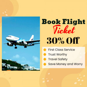 Advertisement for 30% off flight tickets with an airplane in the background.