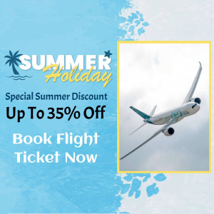 Airplane flying against a blue sky with a summer holiday discount promotion.