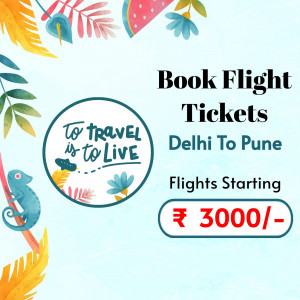 Promotional image for flight tickets from Delhi to Pune with tropical elements.