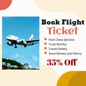 Airplane flying over a tropical island with a flight booking offer
