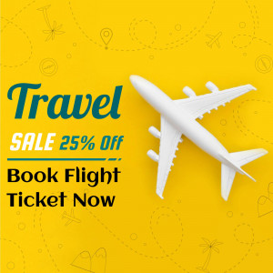 Airplane on a yellow background with travel sale promotion