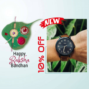 Raksha Bandhan promotion featuring a watch and traditional Rakhi items with a discount offer.
