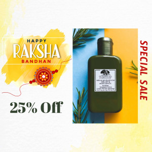 Raksha Bandhan promotional image featuring Origins Mega-Mushroom Relief serum with a 25% off offer.