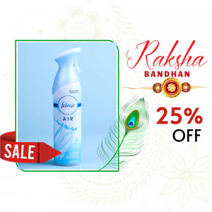 Febreze Air Freshener with Raksha Bandhan decorations and a 25% off sale offer.