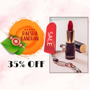 Raksha Bandhan sale advertisement featuring a red lipstick and festive decorations.