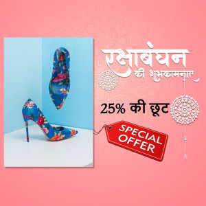 Blue floral high heels with a Raksha Bandhan promotional banner