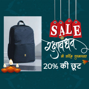 Black backpack with Diwali sale tags and decorative elements