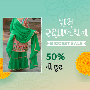 Woman wearing a green and pink traditional suit for Raksha Bandhan with a sale announcement.