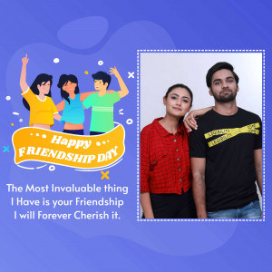 Friendship Day graphic with illustrated friends and a photo frame.