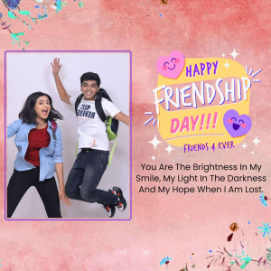 Two friends jumping and celebrating Friendship Day with a colorful background and text.