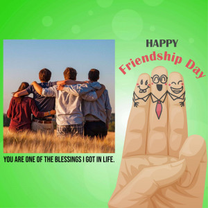 Four friends with arms around each other and a cute finger illustration celebrating Friendship Day.