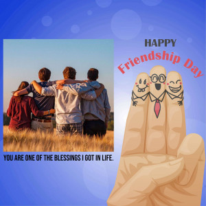 Group of friends embracing in a field with a finger illustration celebrating Friendship Day.