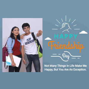 Two young adults celebrating Friendship Day with a handshake graphic.