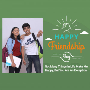 Two young friends smiling and celebrating Friendship Day with a graphic background.
