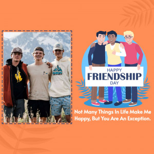 Friendship Day greeting with a photo of three friends and an illustration.