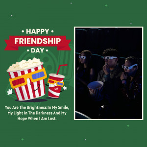 Friendship Day graphic with popcorn, drink, and friends watching a movie.
