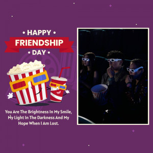 Friendship Day graphic with friends at the movies and cartoon snacks.