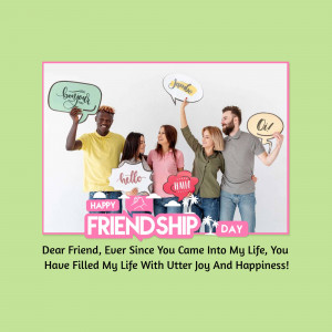 Group of friends posing with speech bubbles and a 'Friendship Day' banner.